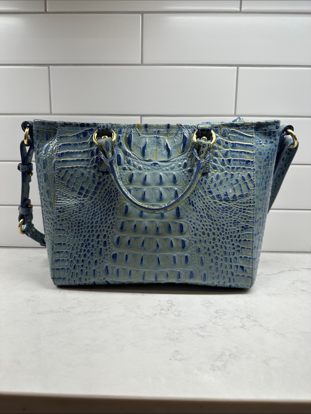 Brahmin Mini Arno Pool Glossy Croc-Embossed Leather Satchel with Gold Hardware - Picture 2 of 8